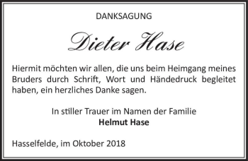 Traueranzeige von Dieter Hase  von Magdeburger Volksstimme