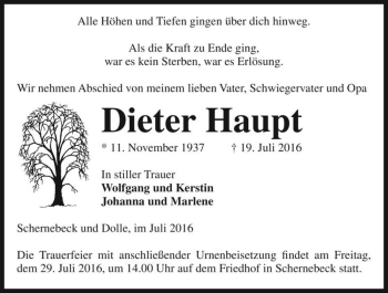 Traueranzeige von Dieter Haupt  von Magdeburger Volksstimme