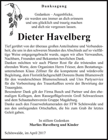 Traueranzeige von Dieter Havelberg  von Magdeburger Volksstimme