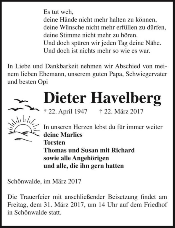 Traueranzeige von Dieter Havelberg  von Magdeburger Volksstimme