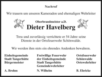 Traueranzeige von Dieter Havelberg  von Magdeburger Volksstimme