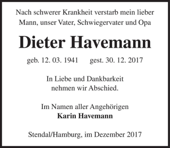 Traueranzeige von Dieter Havemann  von Magdeburger Volksstimme
