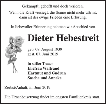 Traueranzeige von Dieter Hebestreit  von Magdeburger Volksstimme