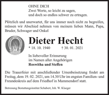Traueranzeige von Dieter Hecht  von Magdeburger Volksstimme