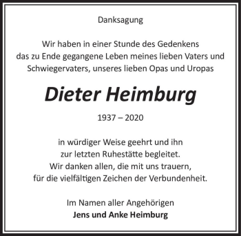 Traueranzeige von Dieter Heimburg  von Magdeburger Volksstimme