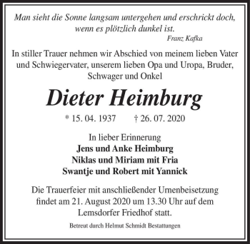 Traueranzeige von Dieter Heimburg  von Magdeburger Volksstimme