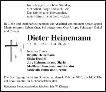 Traueranzeige von Dieter Heinemann  von Magdeburger Volksstimme