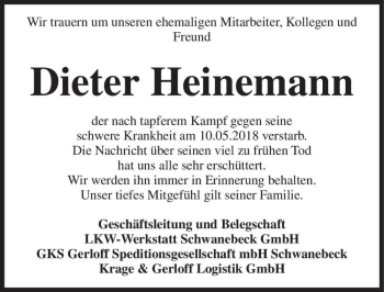 Traueranzeige von Dieter Heinemann  von Magdeburger Volksstimme