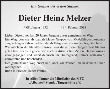 Traueranzeige von Dieter Heinz Melzer  von Magdeburger Volksstimme
