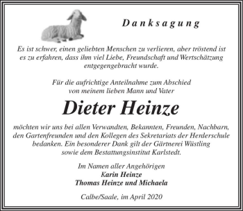 Traueranzeige von Dieter Heinze  von Magdeburger Volksstimme