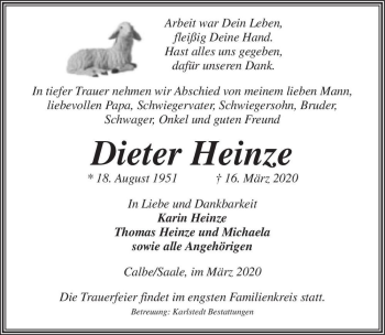 Traueranzeige von Dieter Heinze  von Magdeburger Volksstimme