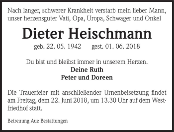 Traueranzeige von Dieter Heischmann  von Magdeburger Volksstimme