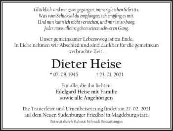 Traueranzeige von Dieter Heise  von Magdeburger Volksstimme