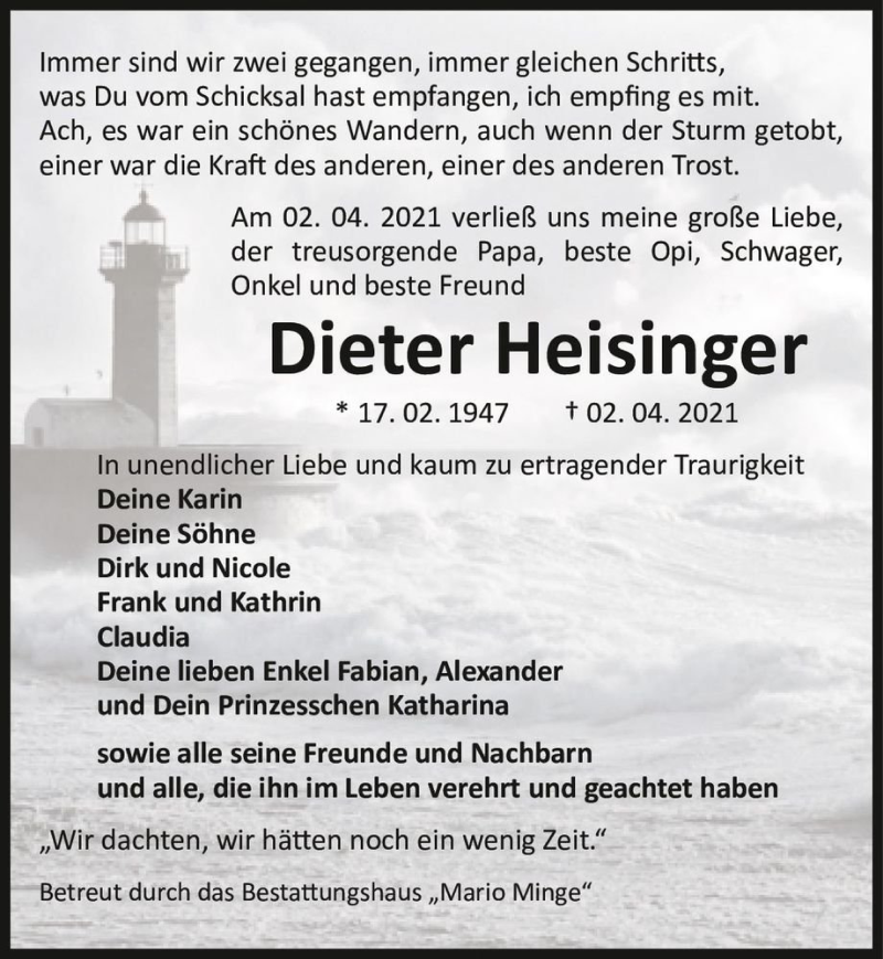  Traueranzeige für Dieter Heisinger  vom 17.04.2021 aus Magdeburger Volksstimme