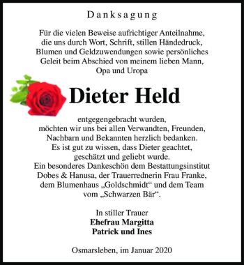 Traueranzeige von Dieter Held  von Magdeburger Volksstimme