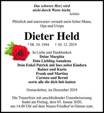 Traueranzeige von Dieter Held  von Magdeburger Volksstimme