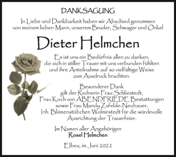 Traueranzeige von Dieter Helmchen  von Magdeburger Volksstimme
