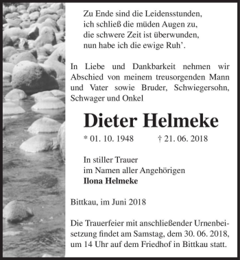 Traueranzeige von Dieter Helmeke  von Magdeburger Volksstimme