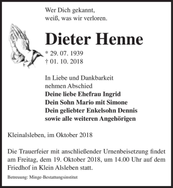 Traueranzeige von Dieter Henne  von Magdeburger Volksstimme