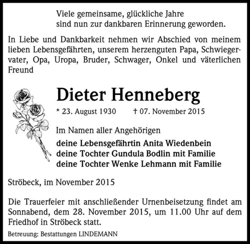  Traueranzeige für Dieter Henneberg  vom 18.11.2015 aus Magdeburger Volksstimme