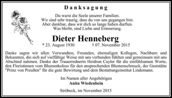 Traueranzeige von Dieter Henneberg  von Magdeburger Volksstimme