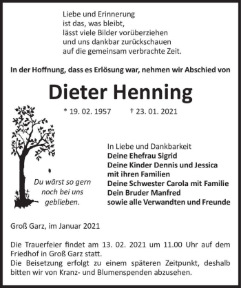 Traueranzeige von Dieter Henning  von Magdeburger Volksstimme