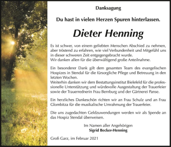 Traueranzeige von Dieter Henning  von Magdeburger Volksstimme
