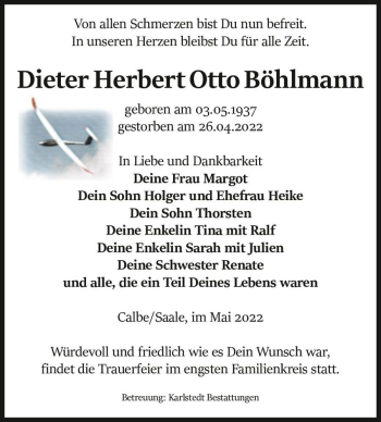 Traueranzeige von Dieter Herbert Otto Böhlmann  von Magdeburger Volksstimme
