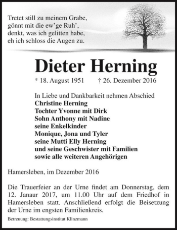 Traueranzeige von Dieter Herning  von Magdeburger Volksstimme