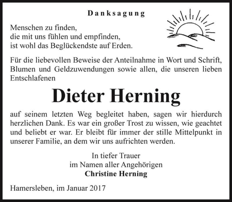  Traueranzeige für Dieter Herning  vom 18.01.2017 aus Magdeburger Volksstimme