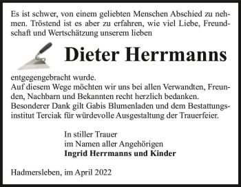 Traueranzeige von Dieter Herrmanns  von Magdeburger Volksstimme