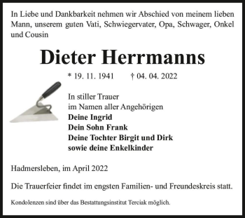 Traueranzeige von Dieter Herrmanns  von Magdeburger Volksstimme