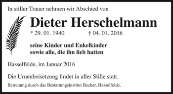Traueranzeige von Dieter Herschelmann  von Magdeburger Volksstimme