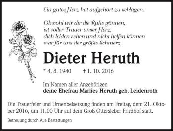 Traueranzeige von Dieter Heruth  von Magdeburger Volksstimme