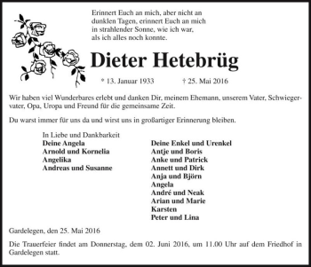 Traueranzeige von Dieter Hetebrüg  von Magdeburger Volksstimme