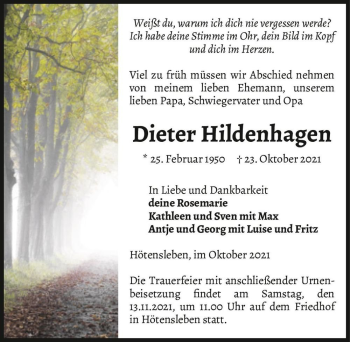Traueranzeige von Dieter Hildenhagen  von Magdeburger Volksstimme