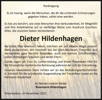 Traueranzeige von Dieter Hildenlagen  von Magdeburger Volksstimme