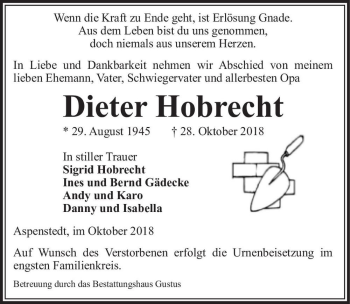 Traueranzeige von Dieter Hobrecht  von Magdeburger Volksstimme