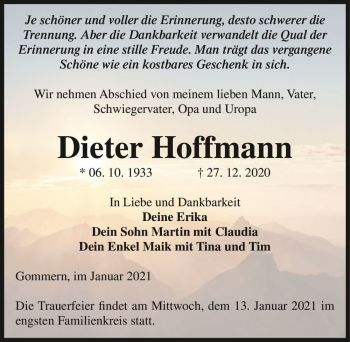 Traueranzeige von Dieter Hoffmann  von Magdeburger Volksstimme