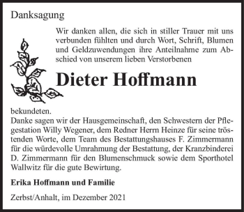 Traueranzeige von Dieter Hoffmann  von Magdeburger Volksstimme