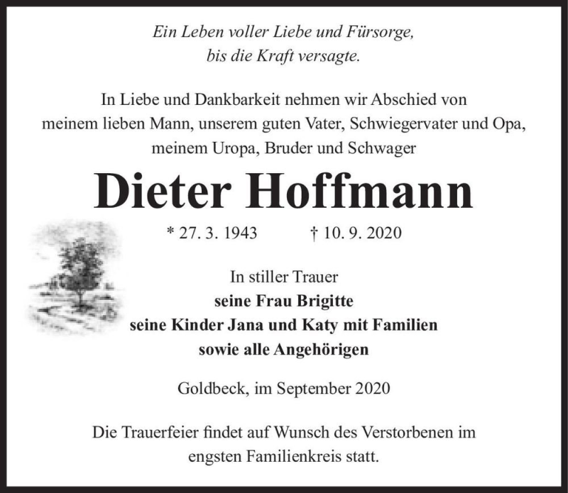  Traueranzeige für Dieter Hoffmann  vom 16.09.2020 aus Magdeburger Volksstimme