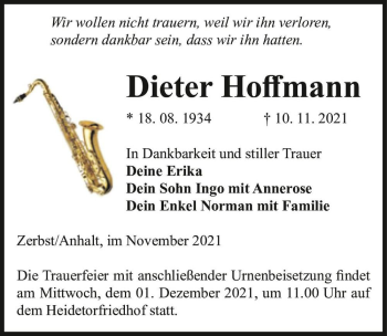 Traueranzeige von Dieter Hoffmann  von Magdeburger Volksstimme