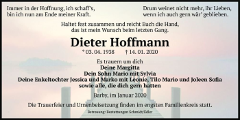 Traueranzeige von Dieter Hoffmann  von Magdeburger Volksstimme