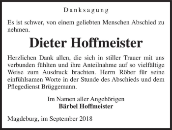 Traueranzeige von Dieter Hoffmeister  von Magdeburger Volksstimme
