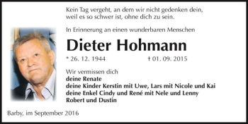 Traueranzeige von Dieter Hohmann  von Magdeburger Volksstimme