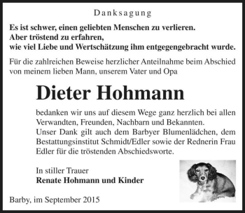 Traueranzeige von Dieter Hohmann  von Magdeburger Volksstimme