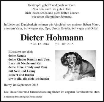 Traueranzeige von Dieter Hohmann  von Magdeburger Volksstimme