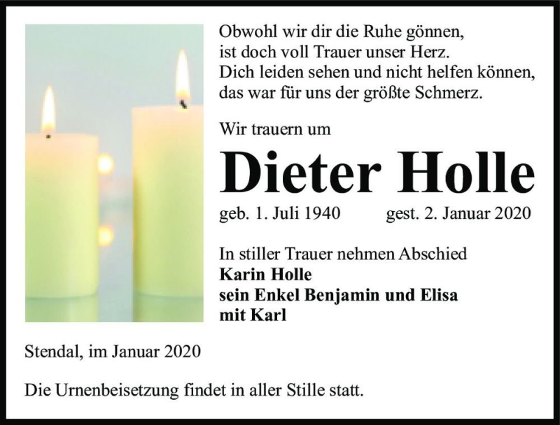  Traueranzeige für Dieter Holle  vom 04.01.2020 aus Magdeburger Volksstimme