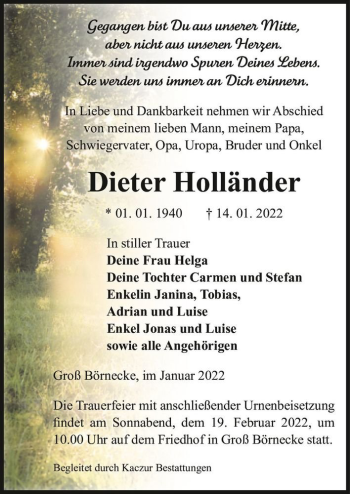 Traueranzeige von Dieter Holländer  von Magdeburger Volksstimme