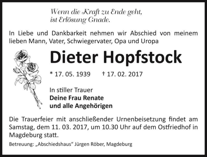  Traueranzeige für Dieter Hopfstock  vom 04.03.2017 aus Magdeburger Volksstimme